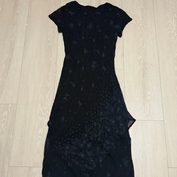 CDC Vintage Black Short Sleeve Dress Subtle Floral Blue Patterns And Rhinestones - Picture 8 of 8